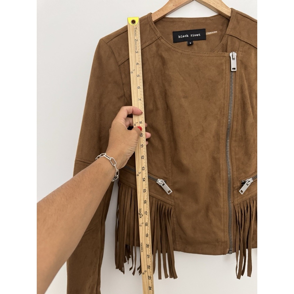 Faux Suede Jacket Women Small Western Fringe Boho Open Front Tan Coastal Cowgirl - Picture 8 of 11